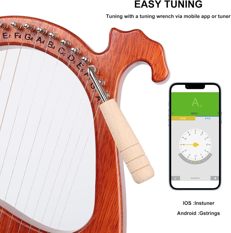 LIEKE Lyre Harp 16 Metal Strings,Mahogany Body and Copper Saddle,Mini Harp instrument Gift with Bag Tuning Wrench for Beginner Musician - Image 5